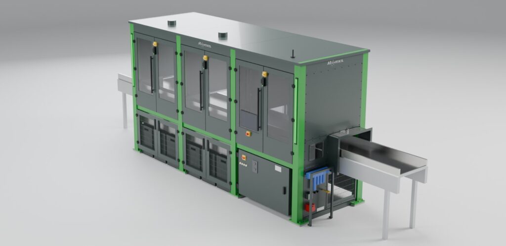 Matvision Refine: the enclosed sorting machine, its access doors and the outfeed chute